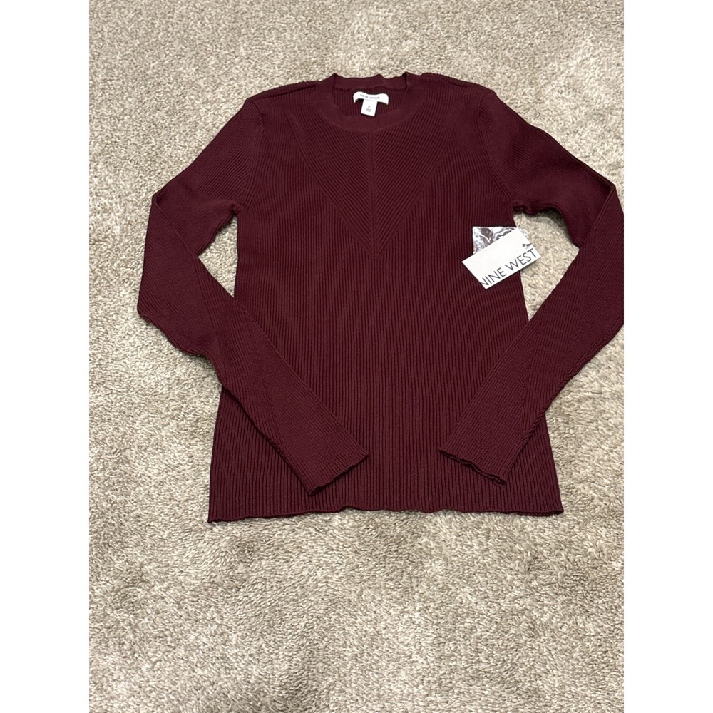 Nine West Women Burgundy Ribbed Chevron Knit Long Sleeve Crew Neck Top Small NWT